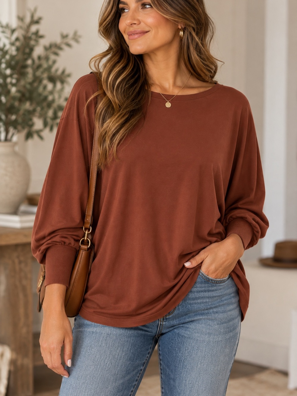 Relaxed Long-Sleeve Women's Top in Rust